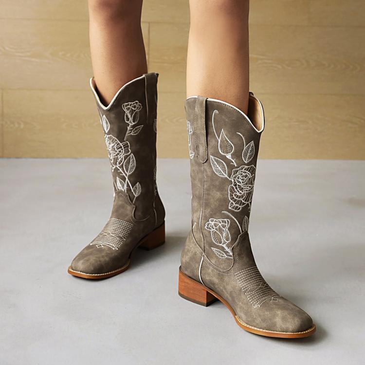Ladies Embroidery Pointed Toe Block Heel Cowboy Mid Calf Boots