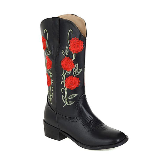 Ladies Embroidery Roses Block Heel Mid Calf Boots