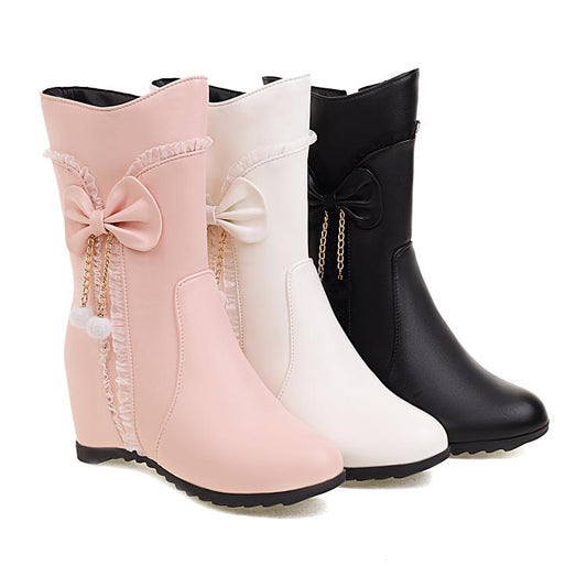 Pu Leather Round Toe Side Zippers Bow Tie Pearls Inside Heighten Ankle Boots for Women