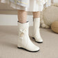 Pu Leather Round Toe Side Zippers Bow Tie Pearls Inside Heighten Mid-Calf Boots for Women