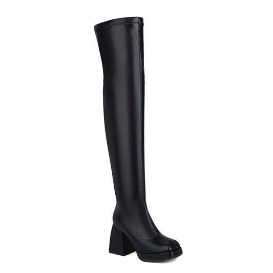 Glossy Square Toe Side Zippers Block Chunky Heel Platform Over the Knee Boots for Women
