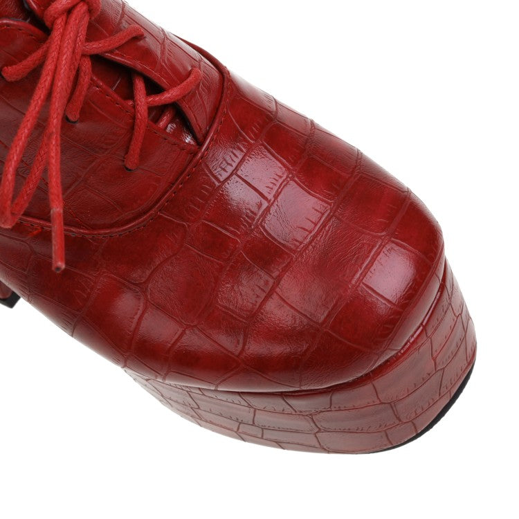 Ladies Pu Leather Crocodile Pattern Tied Belts Block Heel Platform High Heels Shoes