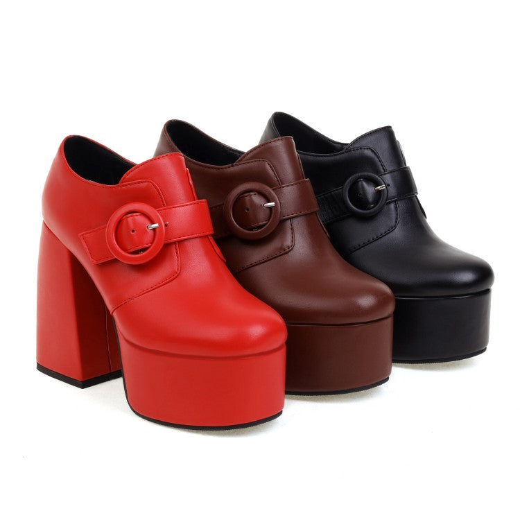Ladies Pu Leather Round Toe Belts Buckles Block Heel Platform High Heels Shoes