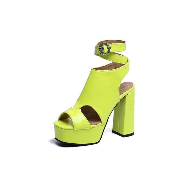 Ladies Jelly Color Peep Toe Hollow Out Rhinestone Chunky Heel Platform Sandals