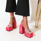 Ladies Square Toe Rhinestone Chunky Heel High Heels Platform Sandals