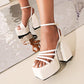 Ladies Solid Color Square Toe Chunky Heel High Heels Platform Sandals
