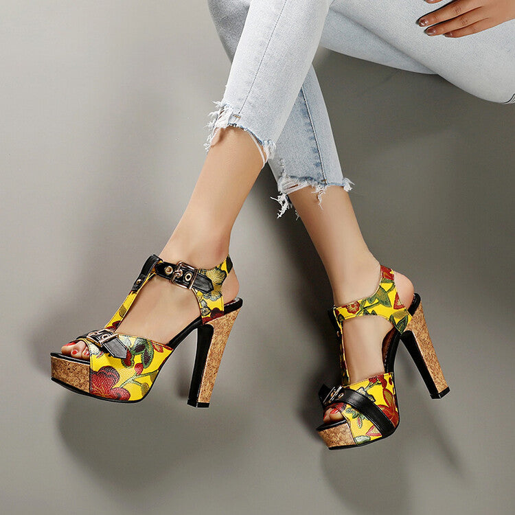 Ladies Colorful Buckle T Ankle Strap Platform Chunky Heel Sandals