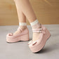 Ladies Butterfly Knot Round Toe Double Ankle Strap Platform Flats