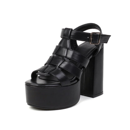 Ladies Glossy Round Toe Roman Style Thick Sole Chunky Heel Platform Sandals