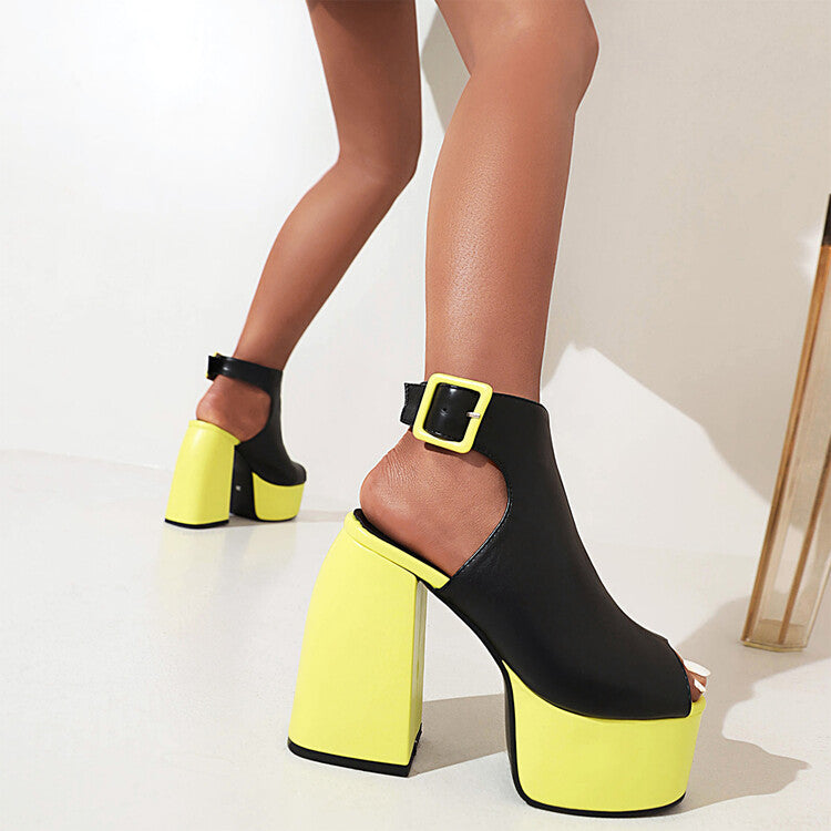 Ladies Peep Toe Hollow Out Thick Sole Block Heel Platform Sandals