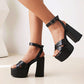 Ladies Solid Color Snake Print Thick Sole Ankle Strap Block Heel Platform Sandals