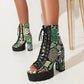 Ladies Colorful Print Peep Toe Lace Up Thick Sole Block Heel Platform Sandals