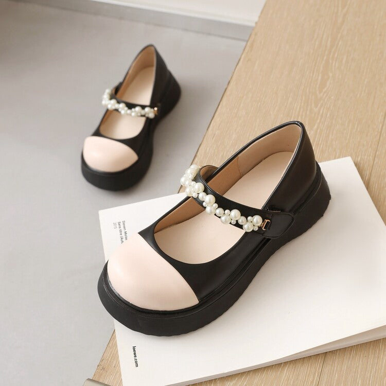 Ladies Lolita Color Block Round Toe Pearls Beading Ankle Strap Platform Flats