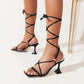 Ladies Solid Color Square Toe Cross Strap Spool Heel Sandals
