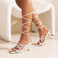 Ladies Solid Color Square Toe Cross Tied Strap Spool Heel Sandals