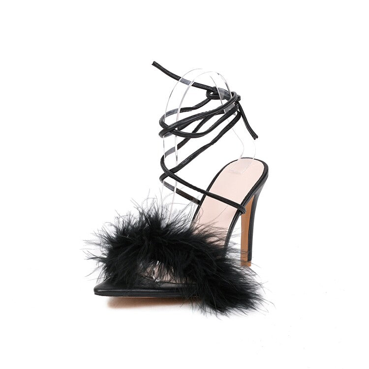 Ladies Pointed Toe Fur Cross Ankle Strap Stiletto High Heel Sandals