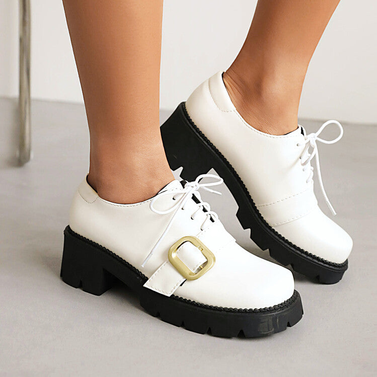 Ladies Pu Leather Belts Buckles Tied Lace Up Platform Chunky Heels Shoes