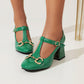 Ladies Retro Mary Janes Glossy Pointed Toe T Belts Buckles Block Heel Pumps Chunky Heels Shoes