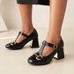 Ladies Retro Mary Janes Glossy Pointed Toe T Belts Buckles Block Heel Pumps Chunky Heels Shoes