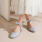 Ladies Pumps Solid Color Bling Bling Butterfly Knot Ankle Strap Block Heel Shoes
