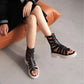 Ladies Solid Color Hollow Out Low Block Heels Gladiator Sandals