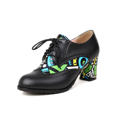 Ladies Pu Leather Round Toe Medium Heel Tied Belts Bicolor Block Heel Chunky Heels Shoes