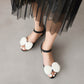 Ladies Bling Bling Solid Color Fur Butterfly Knot Hollow Out Ankle Strap Block Heel Sandals