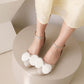 Ladies Bling Bling Round Toe Fur Butterfly Knot Hollow Out Ankle Strap Block Heel Sandals
