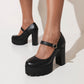 Ladies Pumps Pu Leather Round Toe Mary Janes Belts Buckles Block Heel Platform Chunky Heels Shoes