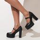 Ladies Pumps Pu Leather Round Toe Mary Janes Belts Buckles Block Heel Platform Chunky Heels Shoes