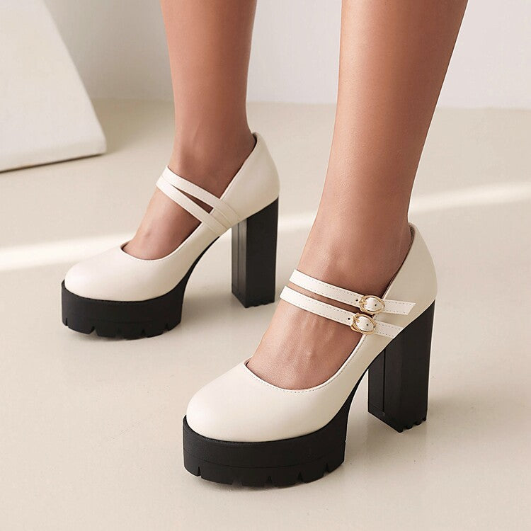 Ladies Pumps Pu Leather Round Toe Double Buckles Belts Chunky Heel Platform Chunky Heels Shoes