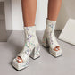 Snake Printed Open Toe Side Zippers Block Chunky Heel Platform Ankle Boots for Women