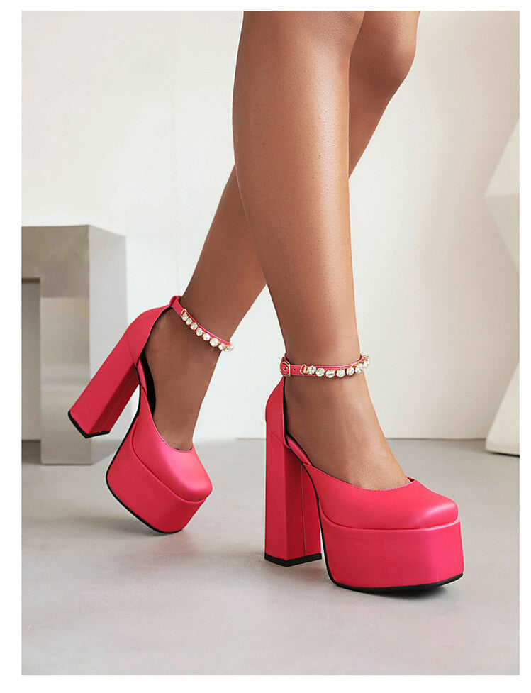 Ladies Solid Color Round Toe Chunky Heel Ankle Strap Rhinestone High Heels Platform Sandals
