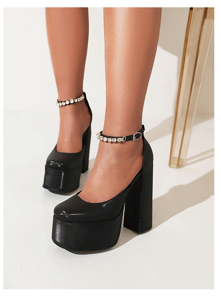 Ladies Solid Color Round Toe Chunky Heel Ankle Strap Rhinestone High Heels Platform Sandals