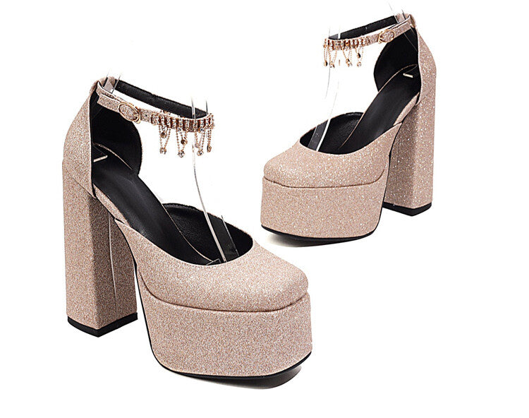 Ladies Bling Bling Glossy Round Toe Ankle Strap Chains Chunky Heel High Heels Platform Sandals
