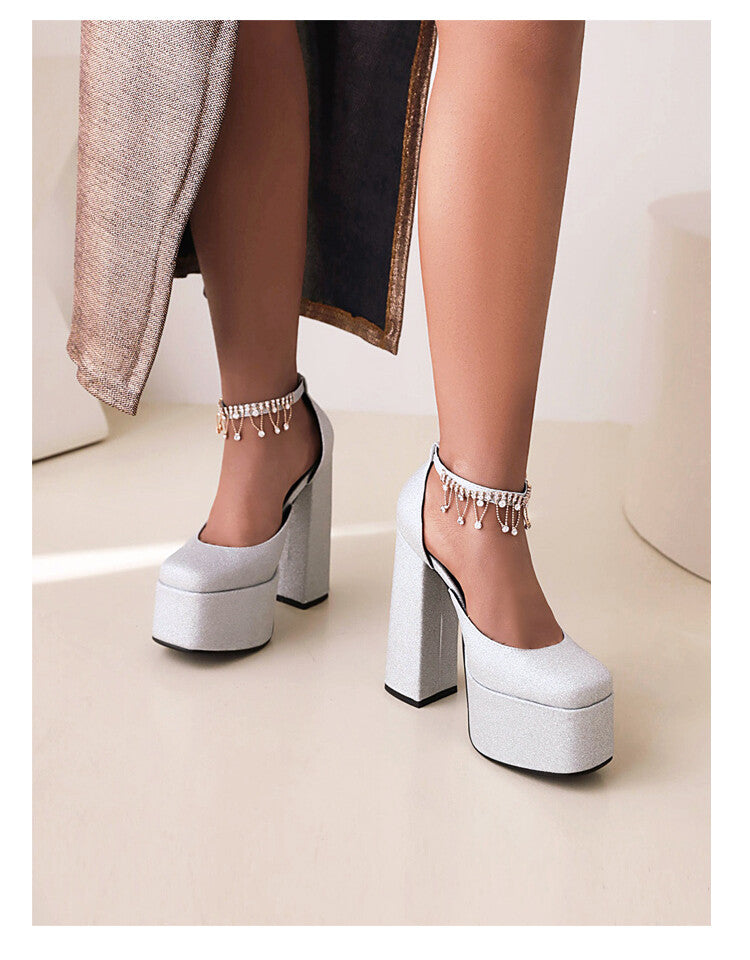 Ladies Bling Bling Glossy Round Toe Ankle Strap Chains Chunky Heel High Heels Platform Sandals