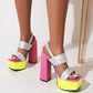 Ladies Glossy Chunky Heel Square Toe Ankle Strap High Heels Platform Sandals