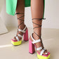 Ladies Roman Style Solid Color Chunky Heel Hollow Out Cross Tied Strap High Heels Platform Sandals