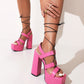 Ladies Roman Style Solid Color Chunky Heel Hollow Out Cross Tied Strap High Heels Platform Sandals