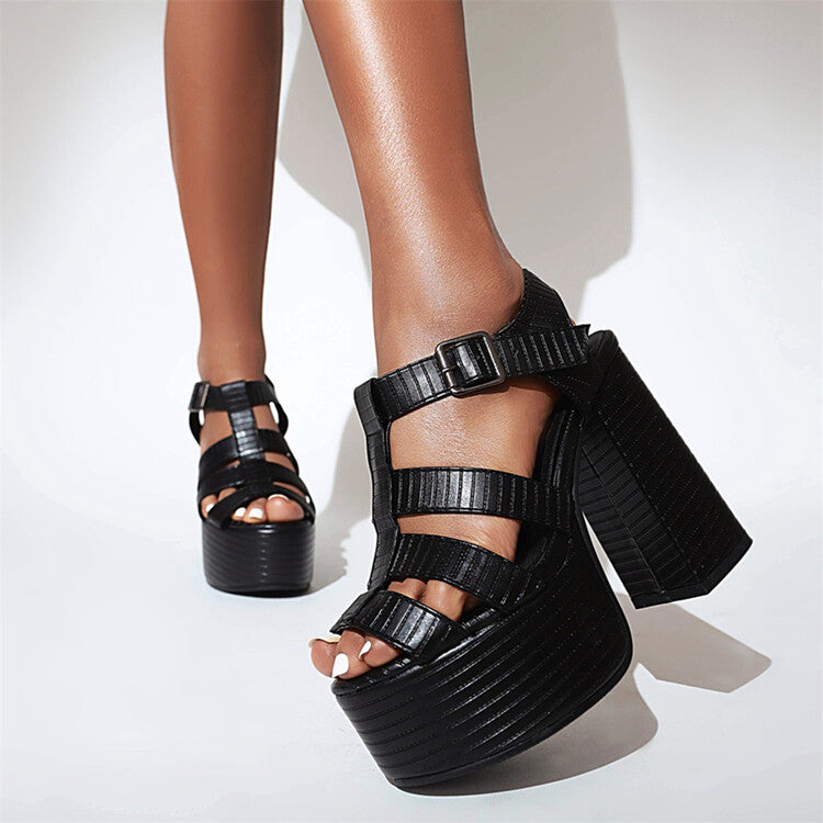 Ladies Solid Color Roman Style Thick Sole Block Heel Platform Sandals