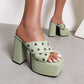 Ladies Solid Color Square Toe Thick Sole Block Heel Platform Sandals