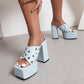 Ladies Solid Color Square Toe Thick Sole Block Heel Platform Sandals