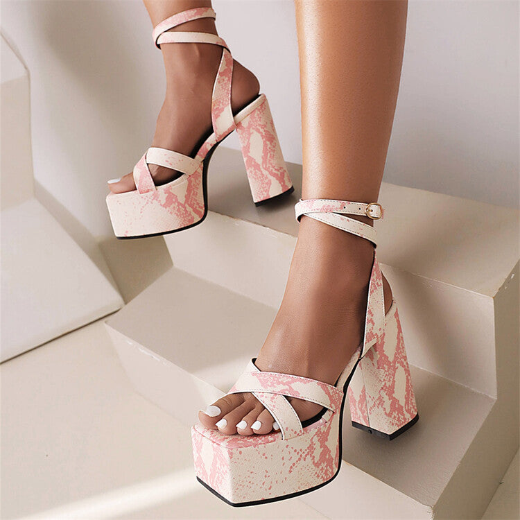 Ladies Printed Ankle Strap Square Toe Thick Sole Block Heel Platform Sandals