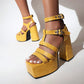 Ladies Solid Color Glossy Ankle Strap Thick Sole Block Heel Platform Sandals