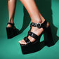 Ladies Solid Color Snake Print Thick Sole Block Heel Platform Sandals