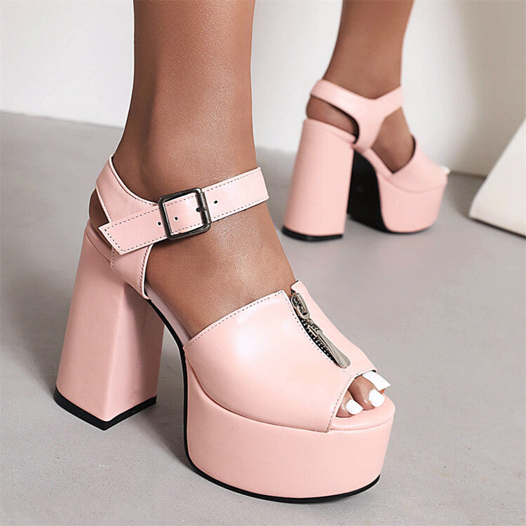 Ladies Candy Color Zipper Thick Sole Block Heel Platform Sandals