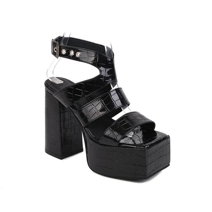 Ladies Solid Color Glossy Square Toe Thick Sole Block Heel Platform Sandals