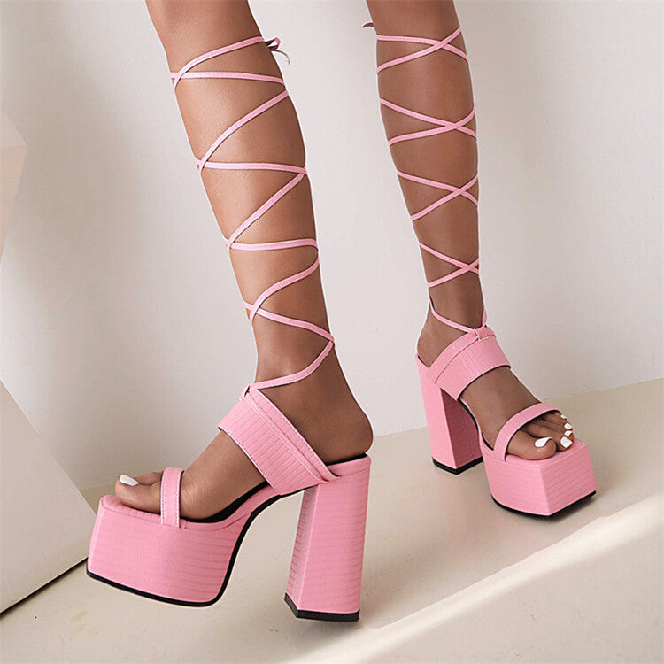 Ladies Square Toe Cross Narrow Straps Ankle Strap Thick Sole Block Heel Platform Sandals