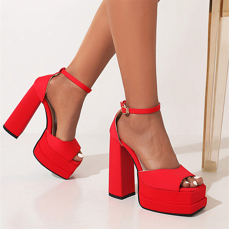 Ladies Solid Color Peep Toe Thick Sole Block Heel Platform Sandals