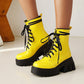 Candy Color Pu Leather Round Toe Lace Up Wedge Heel Platform Ankle Boots for Women